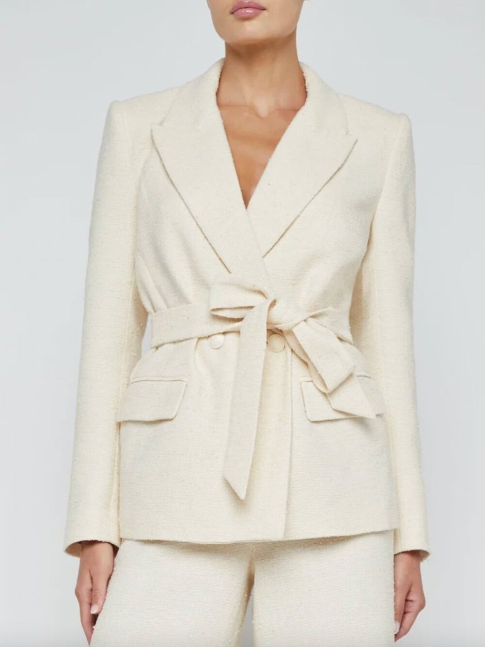 $675 L'Agence Ivory Tweed Jordana Knit Belted Wrap Blazer Jacket size Small